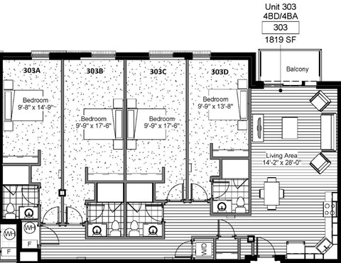 A floor plan of a residential unit with three bedrooms and a living area.